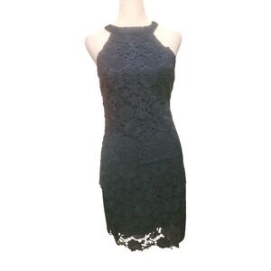 Lulus Navy Blue Love Poem Lace Dress High Neck Halter Mini Sheath Size Small